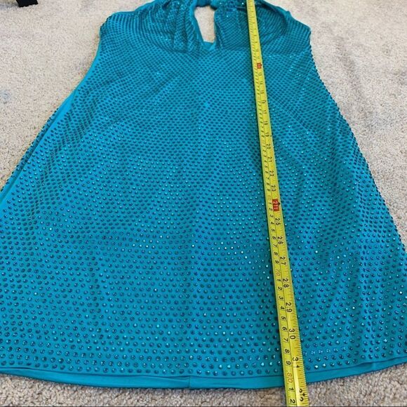 Bebe blue turquoise crystal rhinestone halter deep v neck dress Sz M - Picture 14 of 15